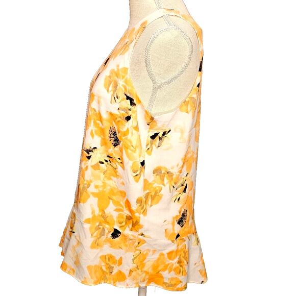 DKNY Sleeveless Blouse Small  Top Tank Asymmetrical Ruffled Yellow Floral Work - Picture 3 of 10